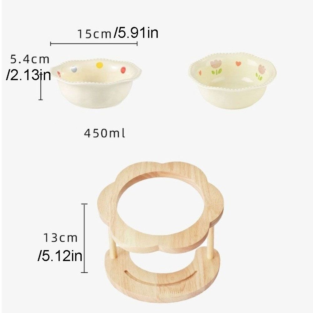 Anti Slip Ceramic Cat Bowl 15 Degree Inclined Flower Elevated Cat Water Bowl Wooden Stand Elevated Cat Feeding Station