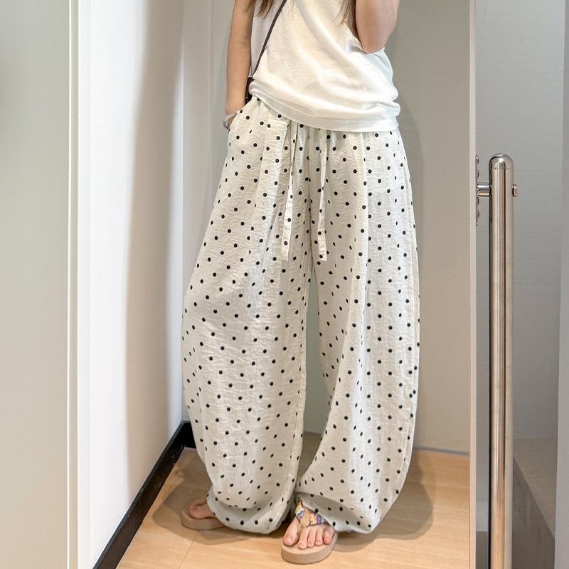 Damen Hochtaillierte Leinenhose mit Polka Dots - Sommer Elastisch Weiter Bein, Große Größe