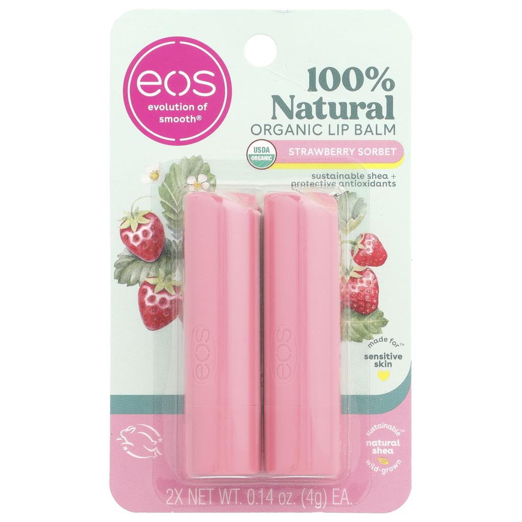 Organic 100% Natural Shea Butter Lip Balm, Strawberry Sorbet, 2 Pack, 4G (0.14Oz) per Pack