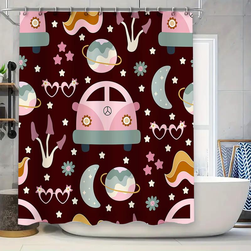 

Colorful Space Print Shower Curtain Pink Car Planets Polyester Fabric for Bathroom Decorations Waterproof Machine Washable (180x 90x180cm