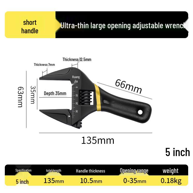 Large Opening Multifunctional Adjustable Wrench with Short Handle for Bathroom Use