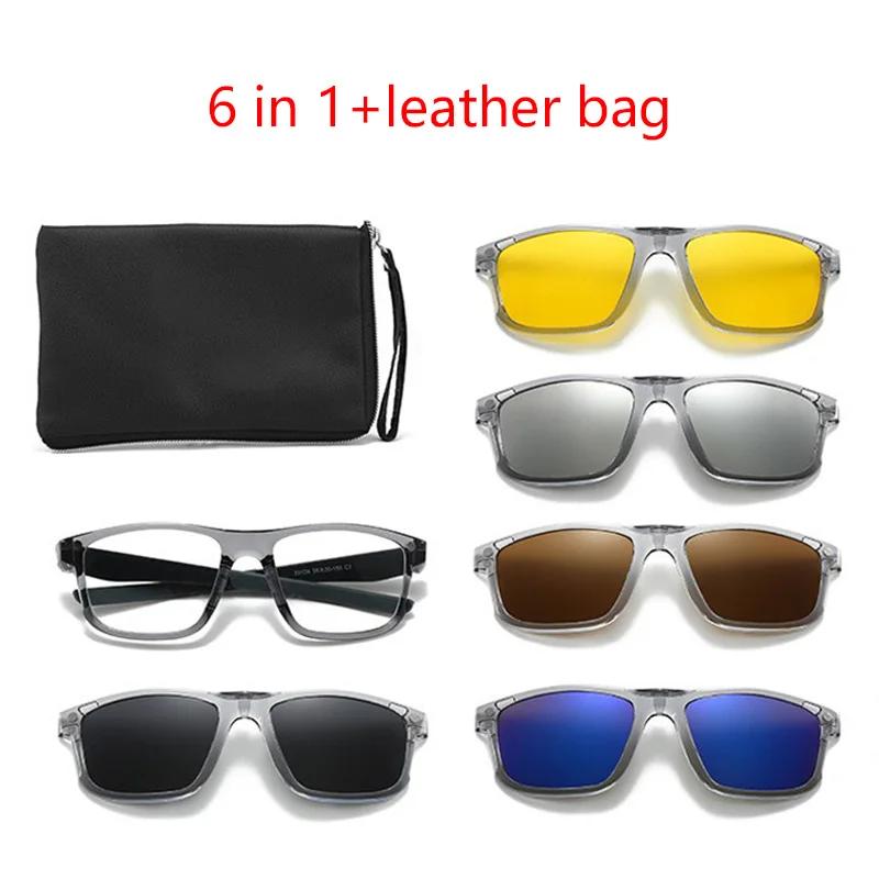 Polarized Black clip Sunglasses For Men UV Protection Retro Square Full Transparent Grey Frame Magnetic Sunglasses