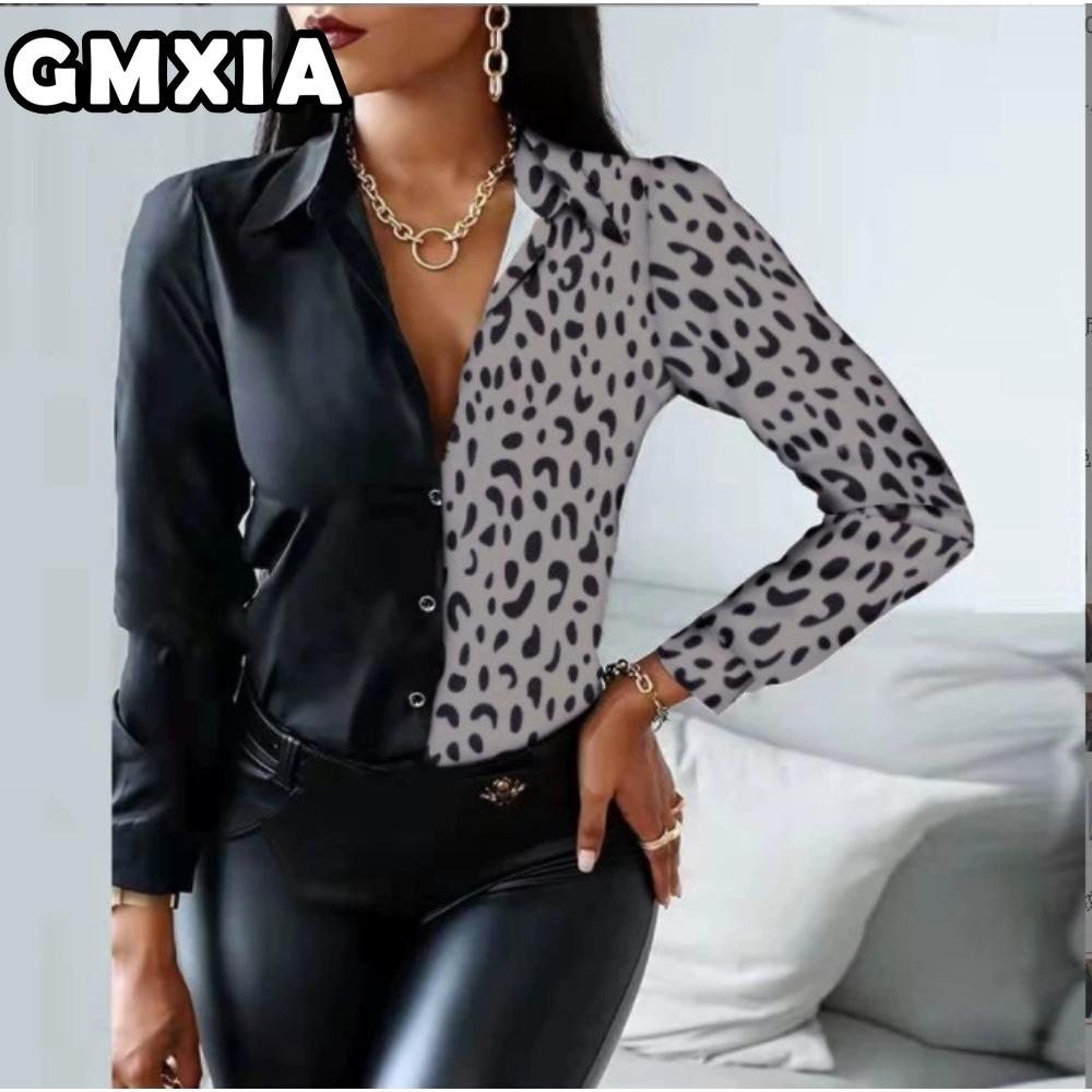 GMXIA Damenmode Lässig Freizeit Einfarbig Druck Langarm POLO Kragen Blusen & Hemden