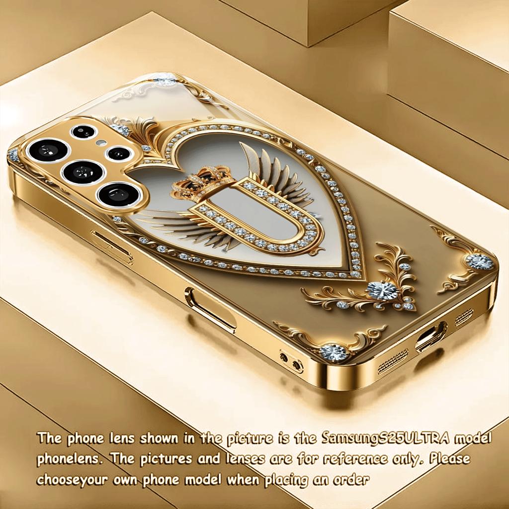 Gold-plated tempered glass phone case, compatible Galaxy S26 S25 S24 S23 S22 Ultra Plus. Features a gold heart-pattern design.