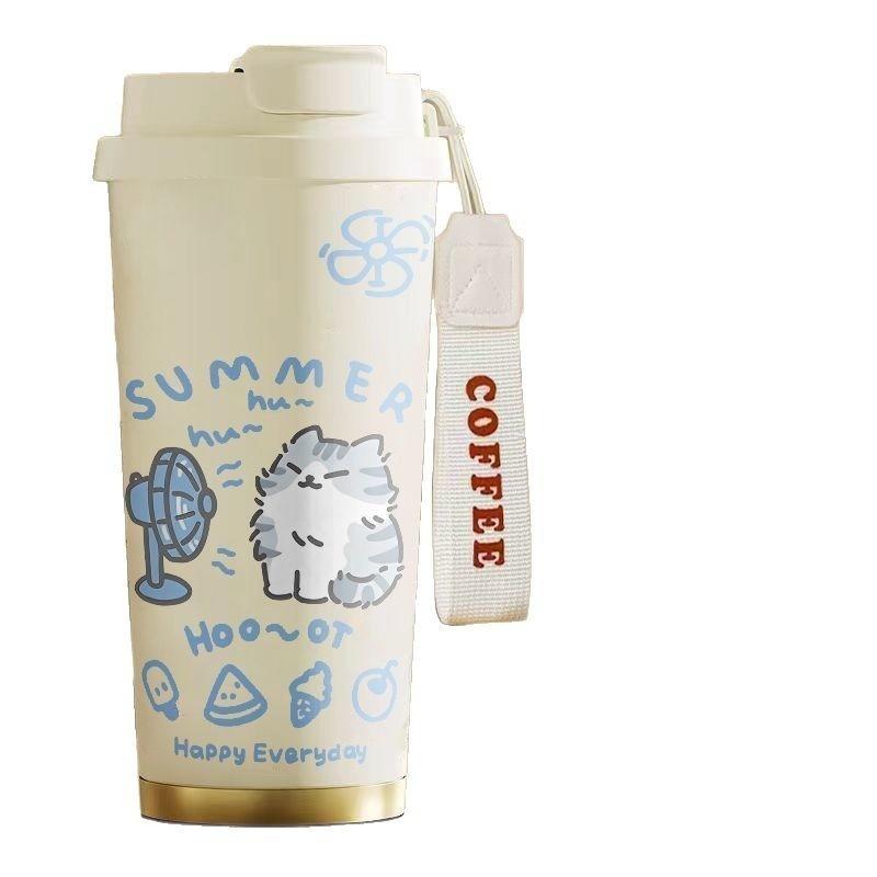 520ml Cute Cartoon Cat Insulated Cup High Appearance Stainless Steel Straw Cup Cold And  Insulation Double Drinking Cup