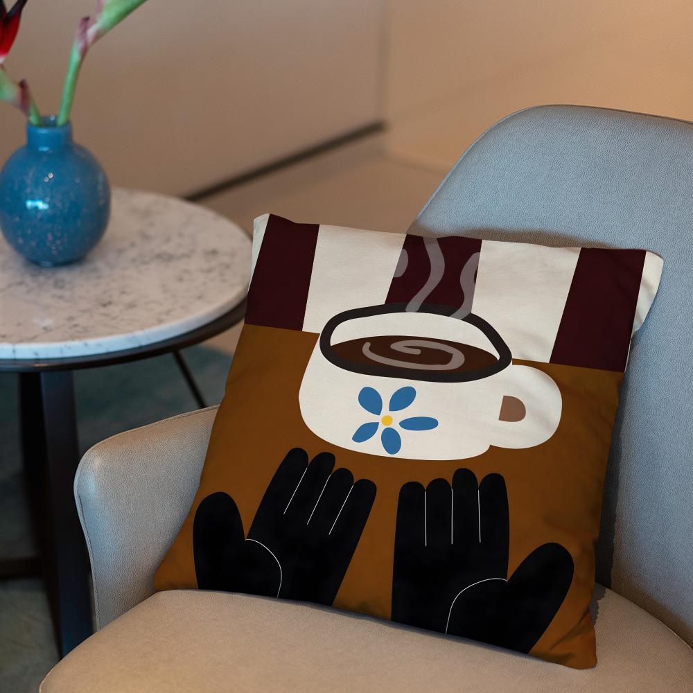 Creative Coffee Illustration Cushion Cover 2-in-1 Reversible Plush Pillow Cover | Car/Sofa/Bed | Perfect Gift