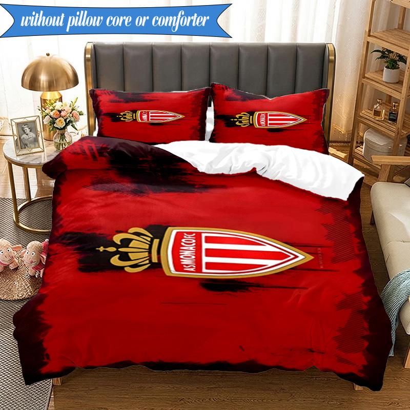 3PCS Monaco Football Club Printed Soft Bedding Set,Including 1pc Duvet Cover And 2pcs Pillowcases Perfect for Bedroom, Dormitory, Fan Gift