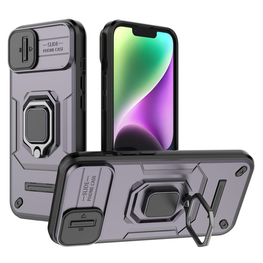 For iPhone 15 PC+TPU Impact-Resistant Phone Case Slide Lens Protection Kickstand Cover