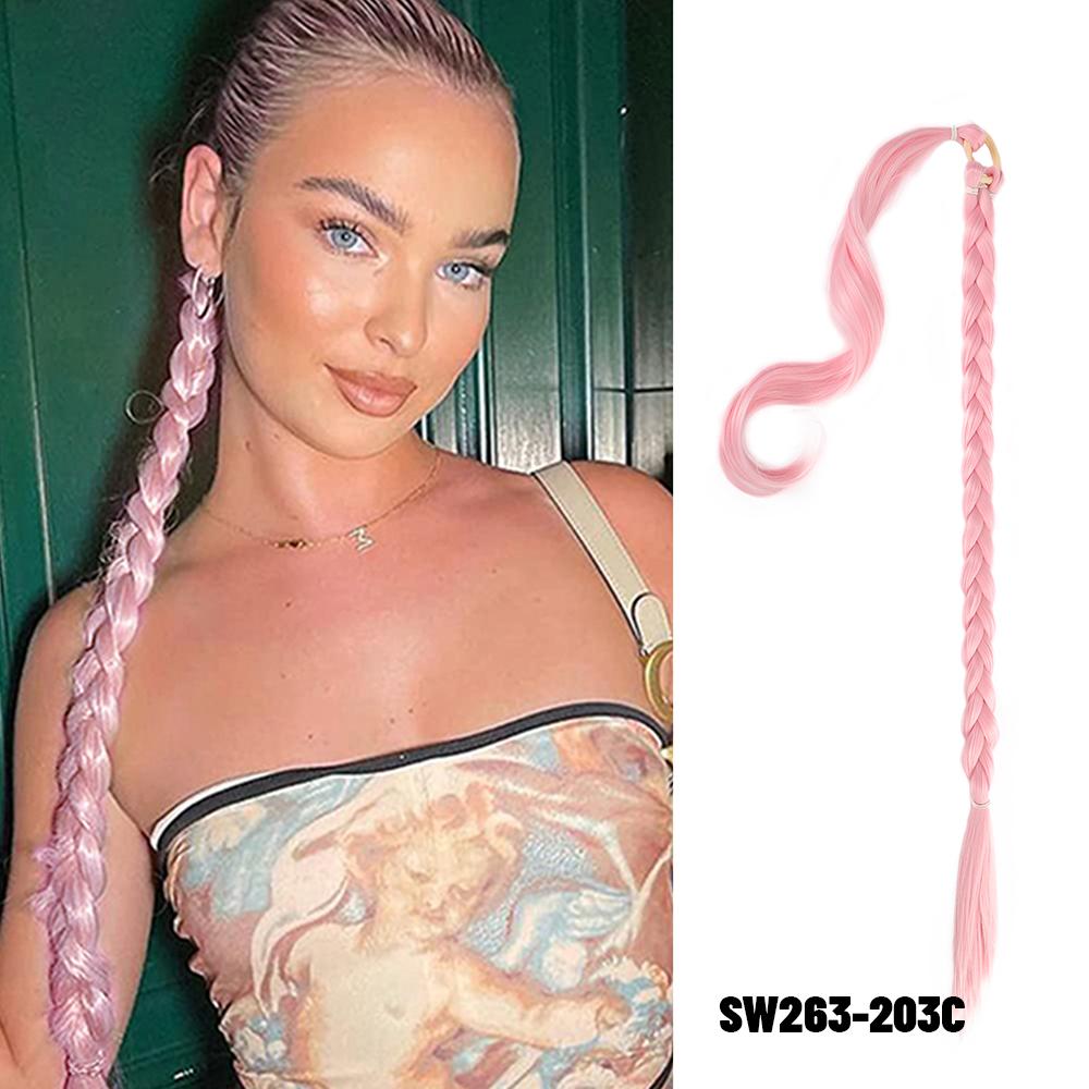 30 Zoll mit Gummiband lange Pferdeschwanz-Haarverlängerungen geflochtener Pferdeschwanz synthetisch natürlich für Frauen Haarteil Zöpfe