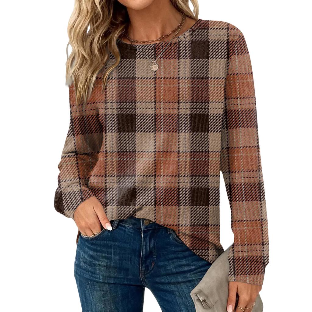 Women's Plaid Print Round Neck Long Sleeve Casual Loose Top