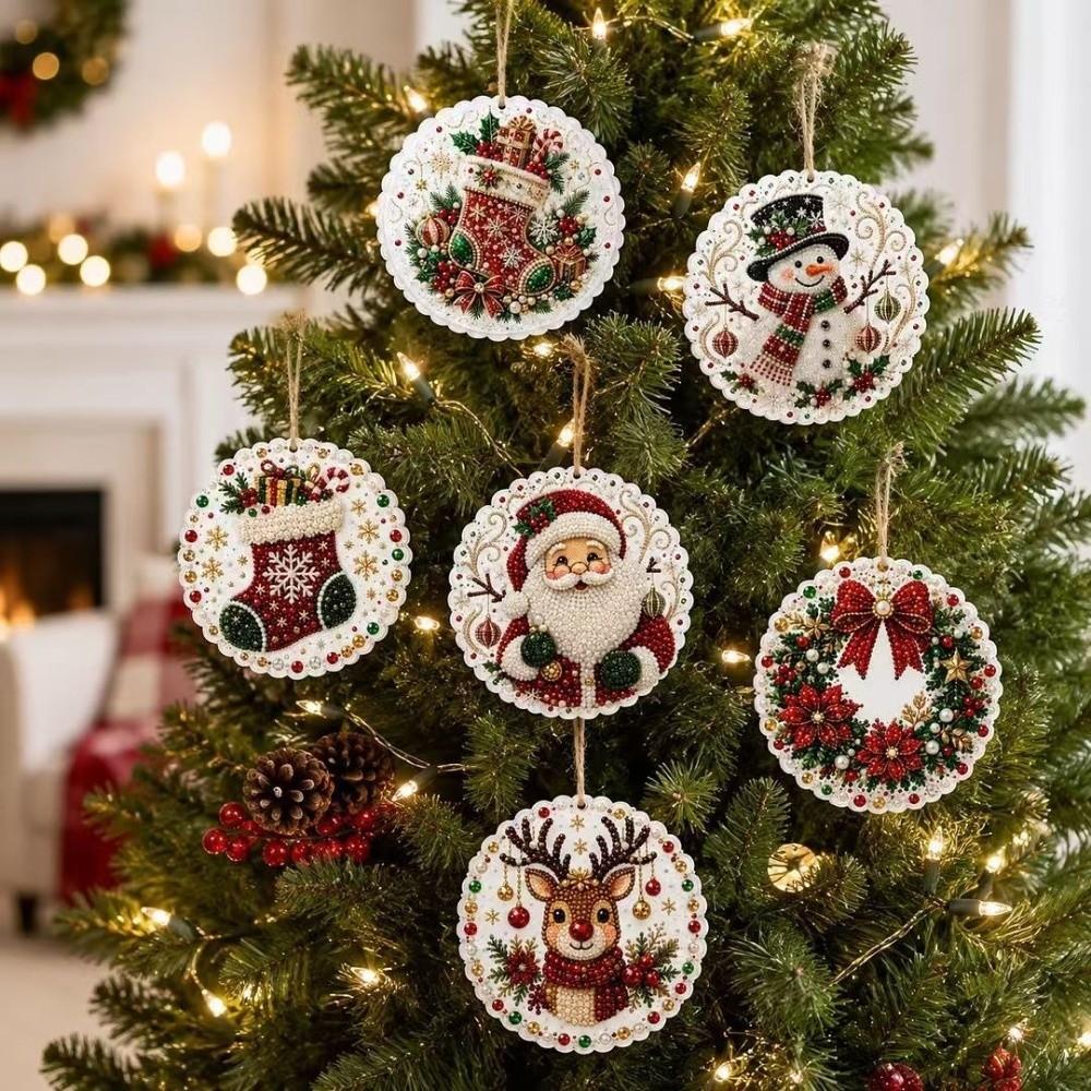6Pcs Round Shape DIY Christmas  Painting Kit  Art Xmas Hanging Decor  Home Decor