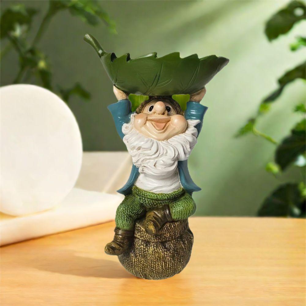 Cartoon Dwarf Sculpture Holding Leaves Garden Gnome Statue Unique Bird Feeder  Garden Decor