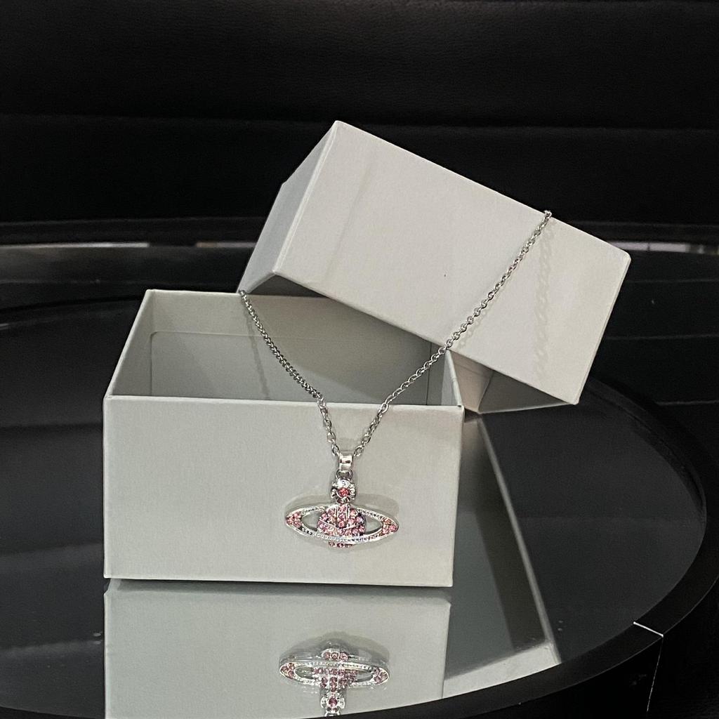 Empress Dowager High-Quality Pink Diamond Silver Necklace with Saturn Chain