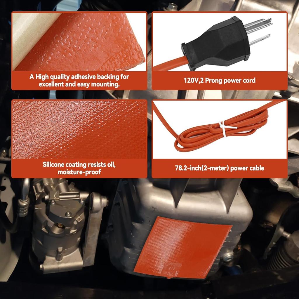 Silicone Car Heater Pad Engine Oil Heater Pad, 6" x 8" Universal Engine Heater Car Oil Pan Heater Pad 120V,300W Self-Adhesive Battery Heater Pad for
