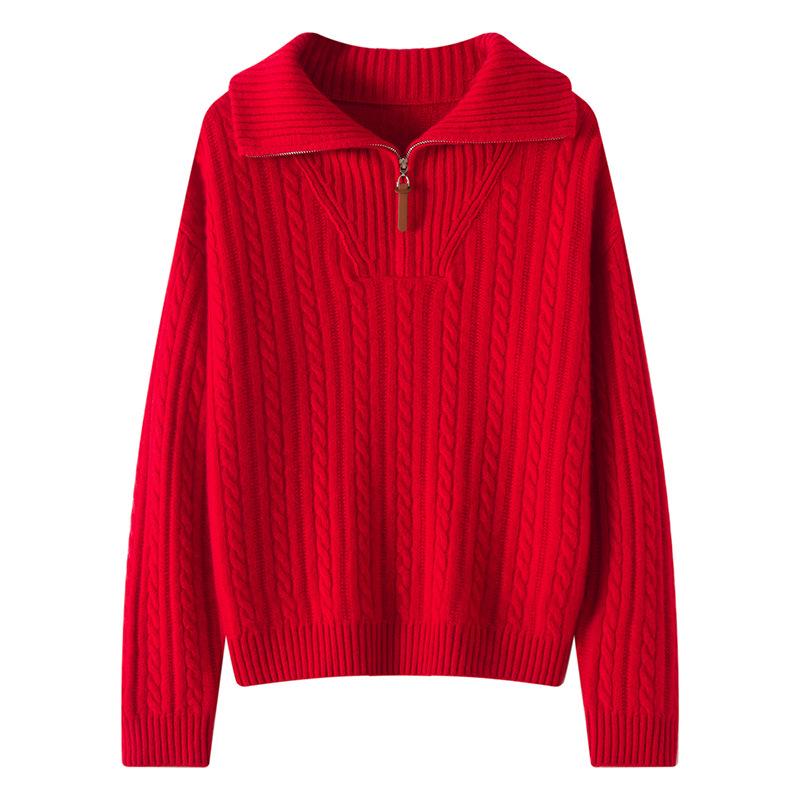 Women's Half-Zip Lapel Cable Knit Cashmere Sweater - Autumn/Winter 2026, Thick & Loose Fit.