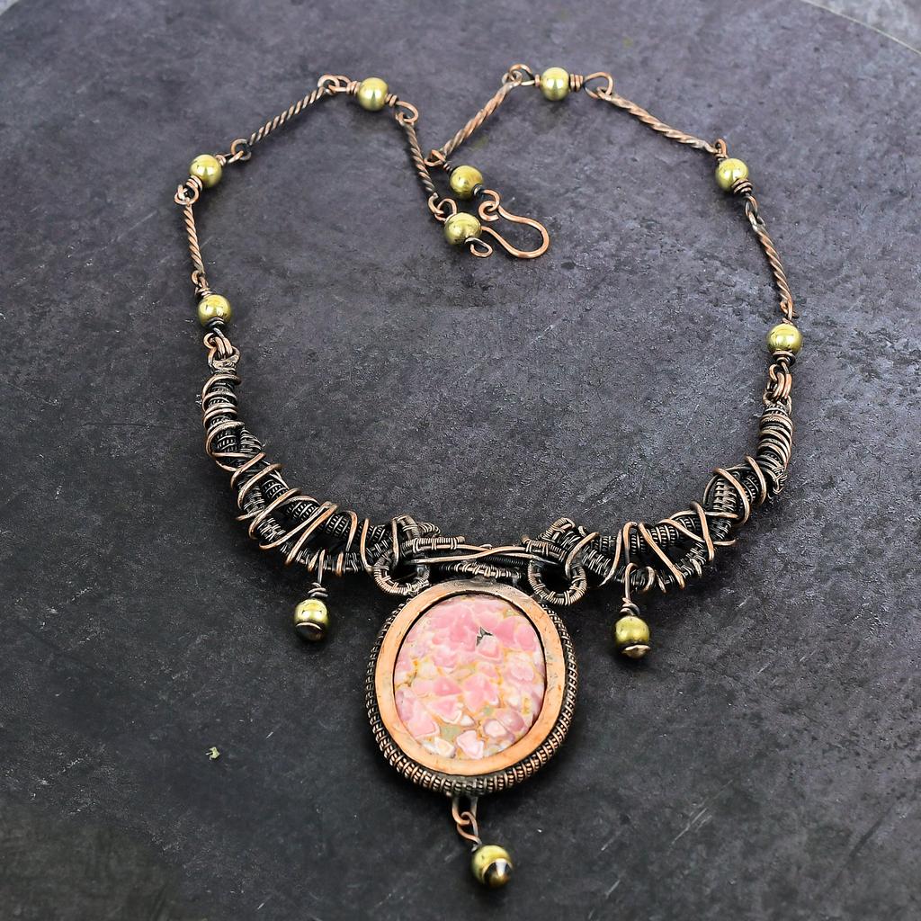 Natural Pink Opal Gemstone Handmade Copper Wire Wrap Jewelry Necklace 18" H2h40