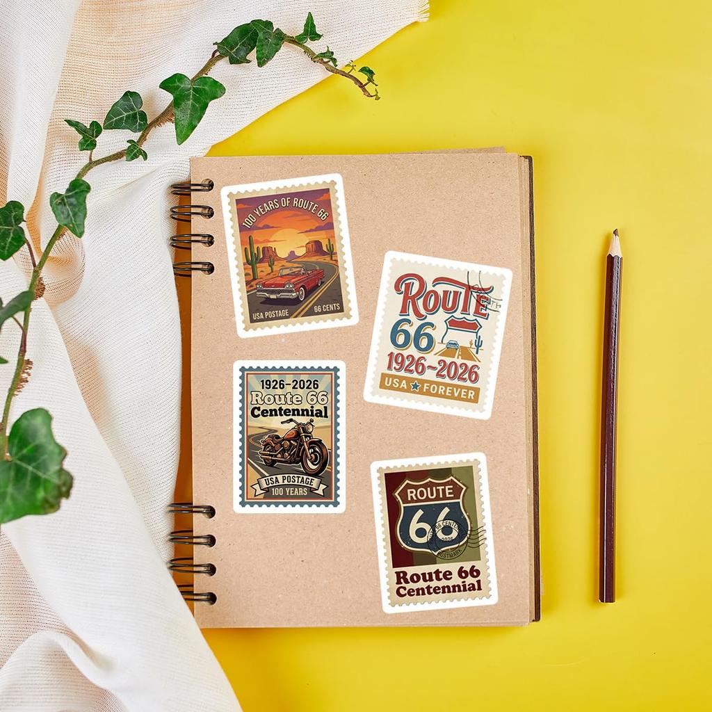 Set of 50 Waterproof Vintage Theme Stickers Commemorating the 100th Anniversary of Route 66's Opening.