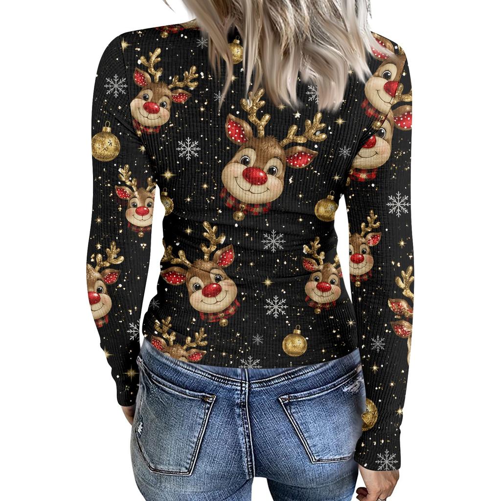 Women's Christmas Print Long Sleeve Round Neck Ribbed Knit Top