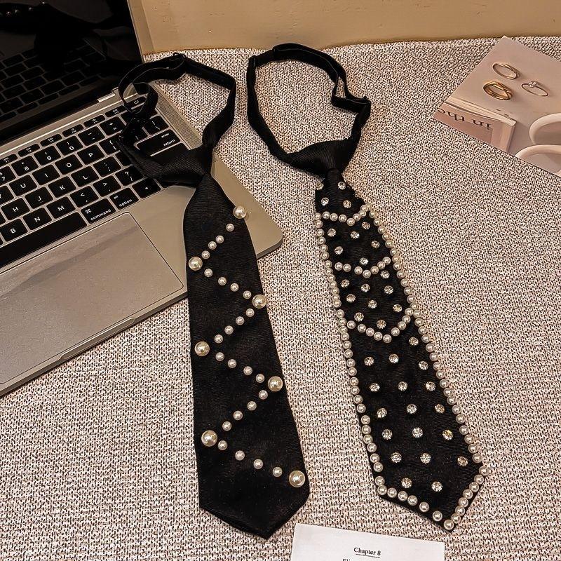 Pre Tied Black Fashion Neckties With Faux Pearl Rhinestone Decor Perfect For Party Wedding Daily Wear Special Events