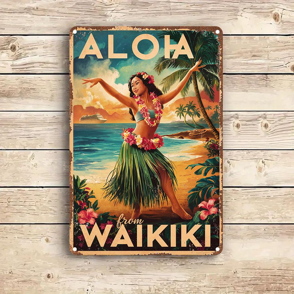 Aloha de Waikiki Panneau Métallique Vintage en Boîte, Décoration Murale en Aluminium pour Jardin, Chambre à Coucher, Garage, Décoration de Noël