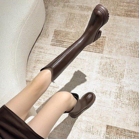 V-mouth brown inner height increase small muffin thick-soled boots women's autumn and winter tall knight boots but knee boots