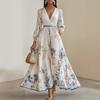 Europe, America, Autumn and Winter, Women's Printed V-neck Long-sleeved Fashion Pleated Dress Long Dress Women