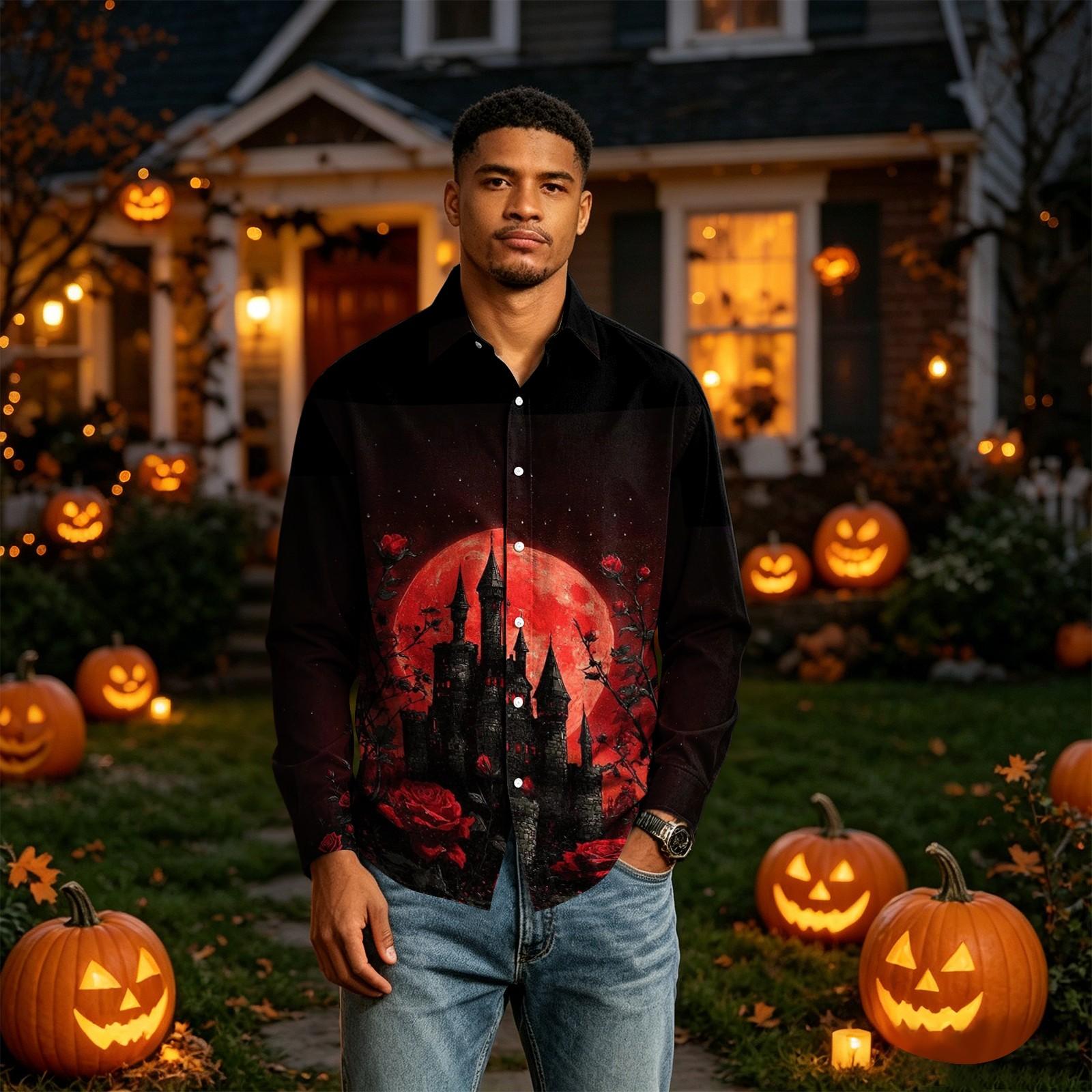 Men s Long Sleeve Button Down Shirt with Halloween Print for Costume Party M