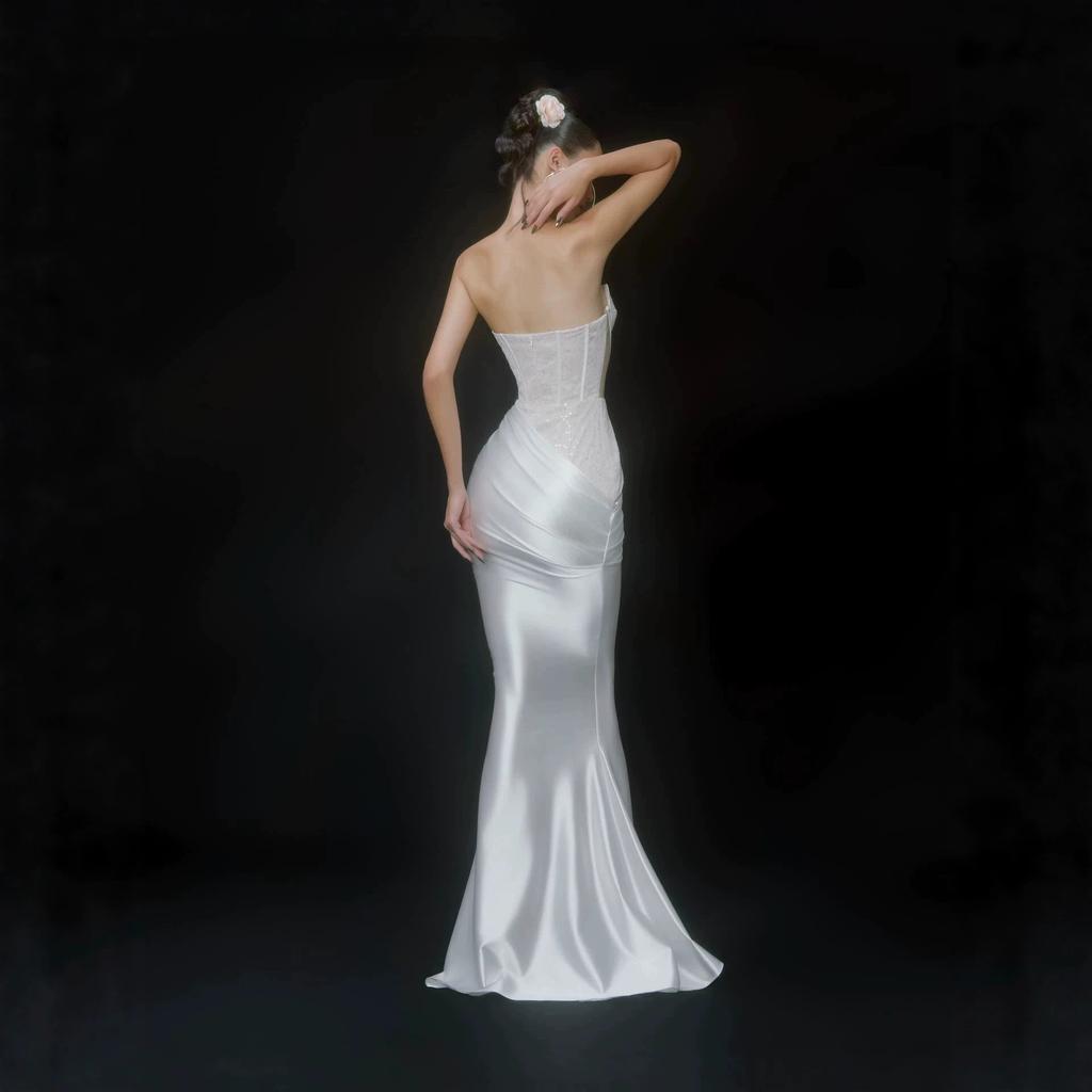 High temperament white tube top lace sequined fishtail skirt waist thin wedding evening dress