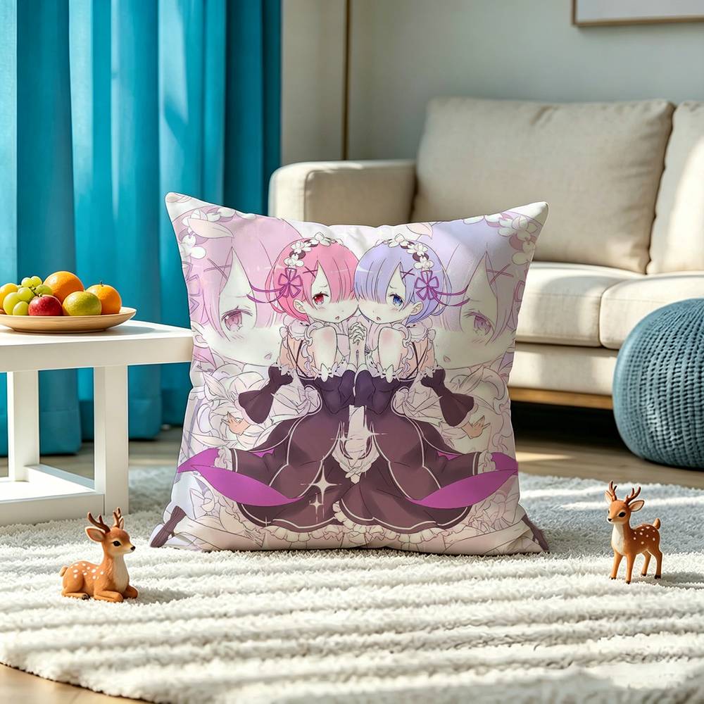 Starting Life in Another World Ram Rem Pillow Case Square Double-Sided Sofa Cushion Cover Bedroom Bedside Pillow