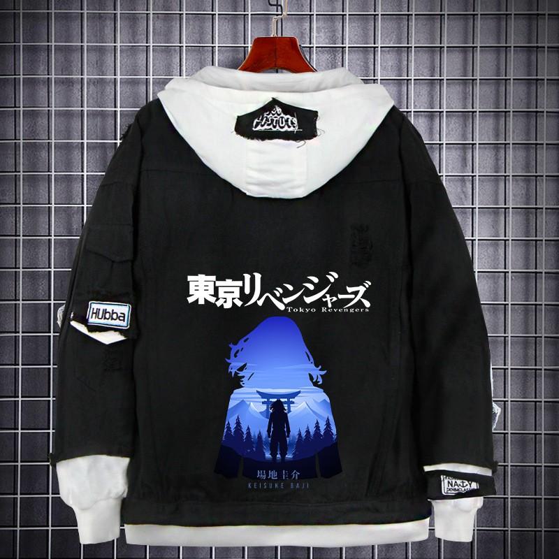 Tokyo Revengers Anime Denim Jacket Fake Two-piece Hoodie Men Youth Streetwear