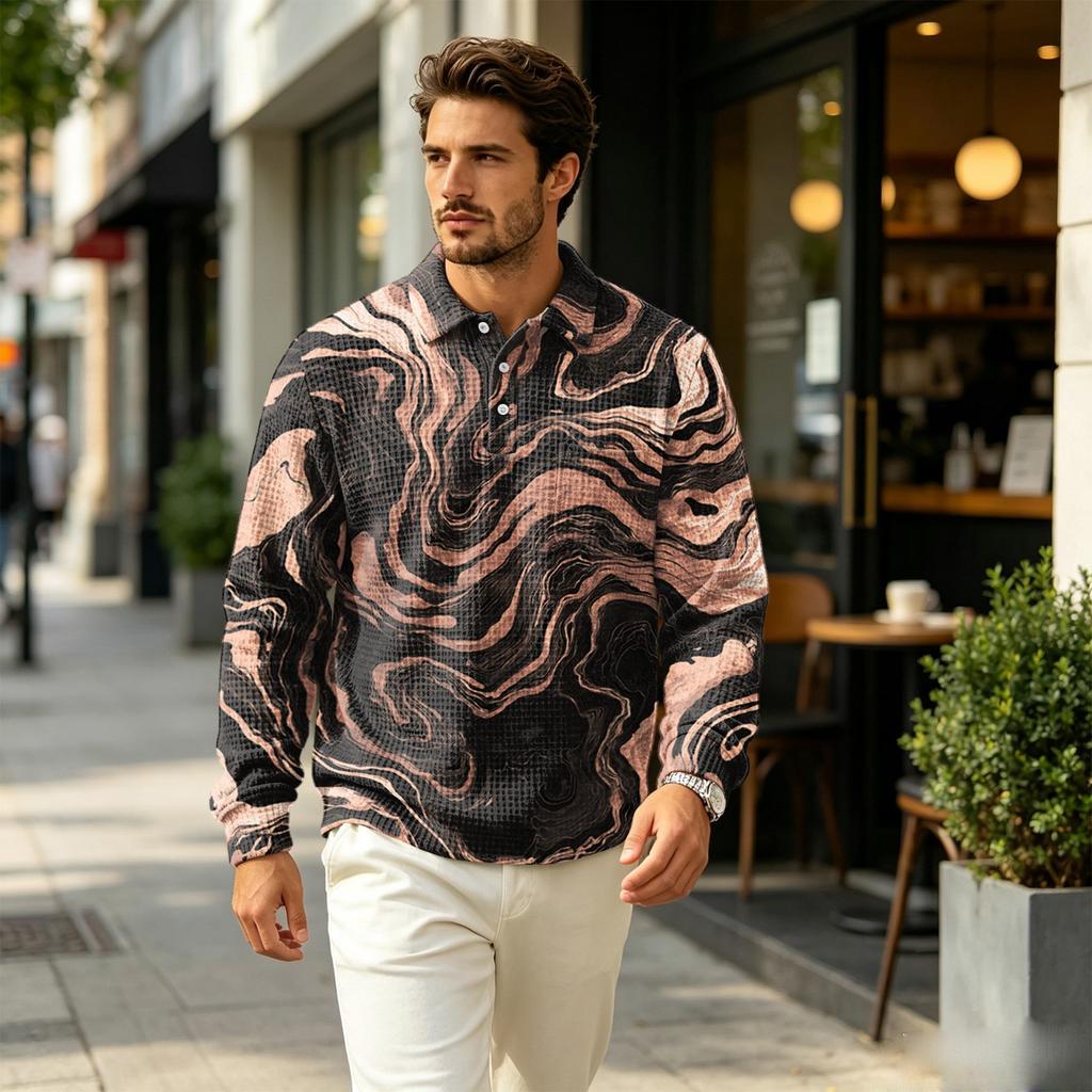 Men's Pullover Long Sleeve Top with Collar and Pocket, Fall Outdoor Casual Printed Shirt