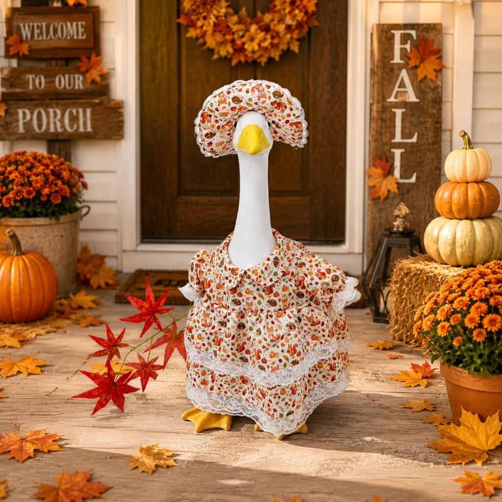 Decorative Goose Figurine with Floral Dress and Matching Hat Porch Garden Ornament for Indoor Outdoor Display