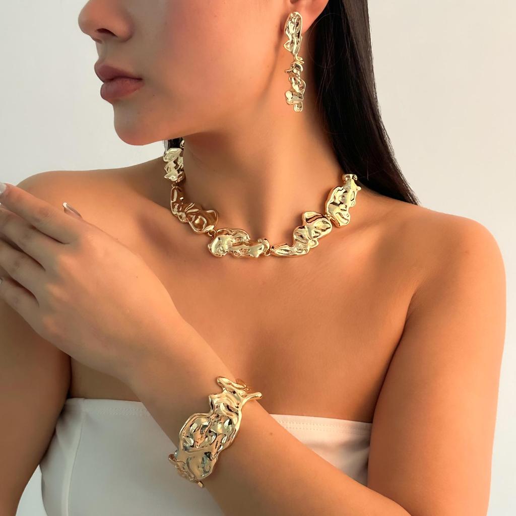 European & American Molten Lava Metal Necklace & Earrings Set: Irregular, Versatile, Exaggerated Design