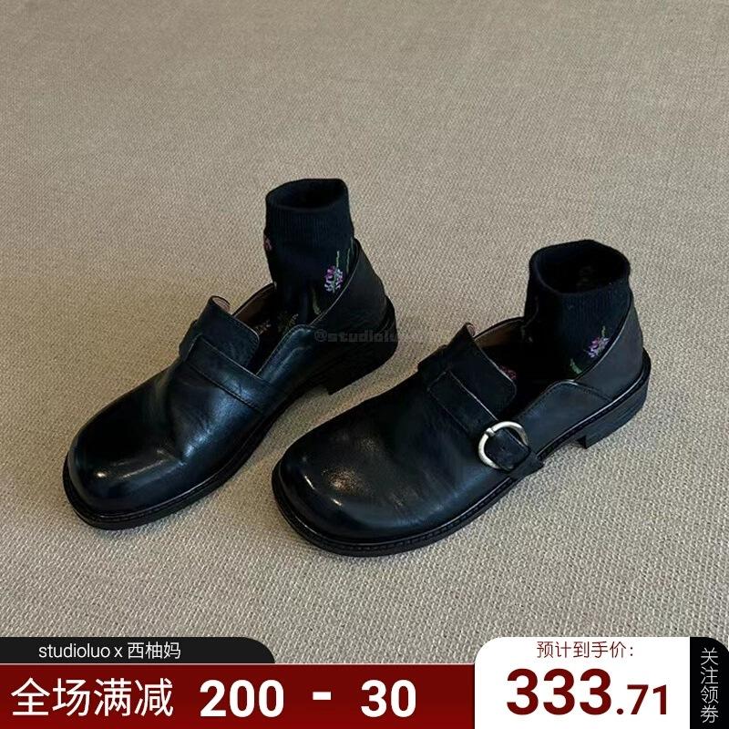 Sheepskin Version~ Leather Retro Boken Shoes Women's British Style Small Leather Shoes Round Head Thick Heel Single Shoes One Pedal Loafers