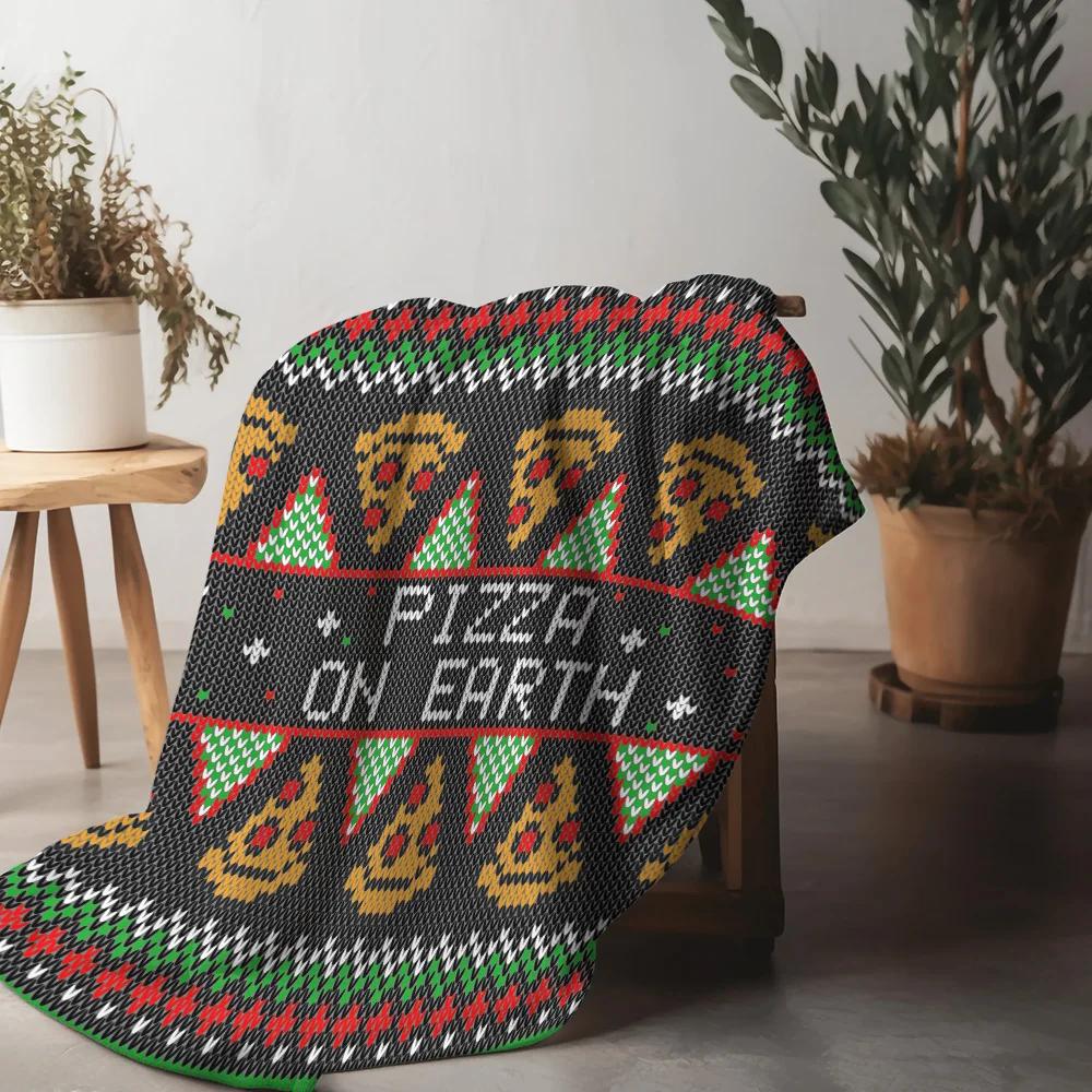 Pizza on Earth Christmas Throw Blanket, Funny Food Theme with Tree Design, Soft Knit Blanket for Holiday Gift and Sofa Decor