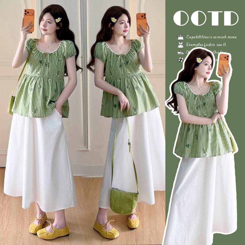 2026 Korean Style Maternity Two-Piece: Embroidered High-Waist Top + Support Skirt 2XL
