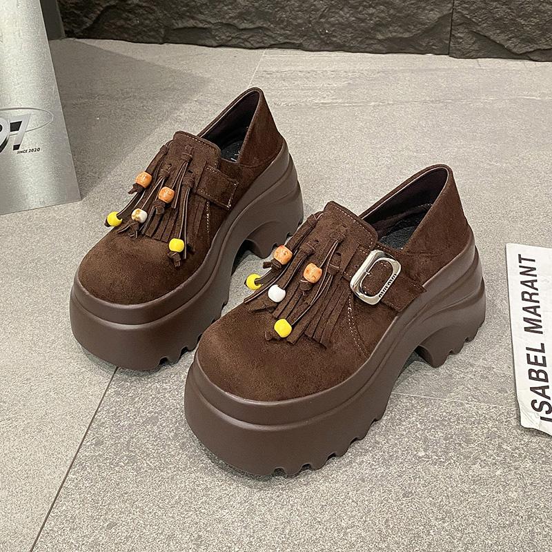 2025 Women's High Platform Leather Shoes New Spring 9CM Heels Chunky Sneakers Female Lace-up Loafers Walking Shoes Woman