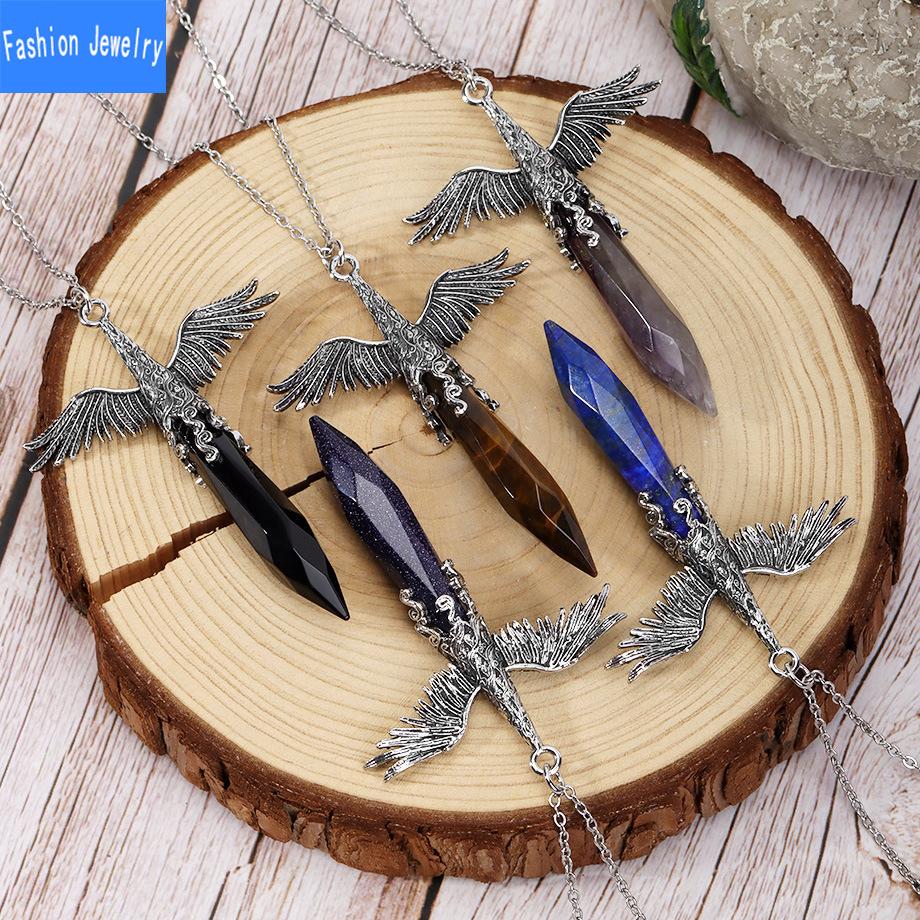 European and American fashion angel wings natural crystal stone faceted hexagonal column pendant necklace necklace