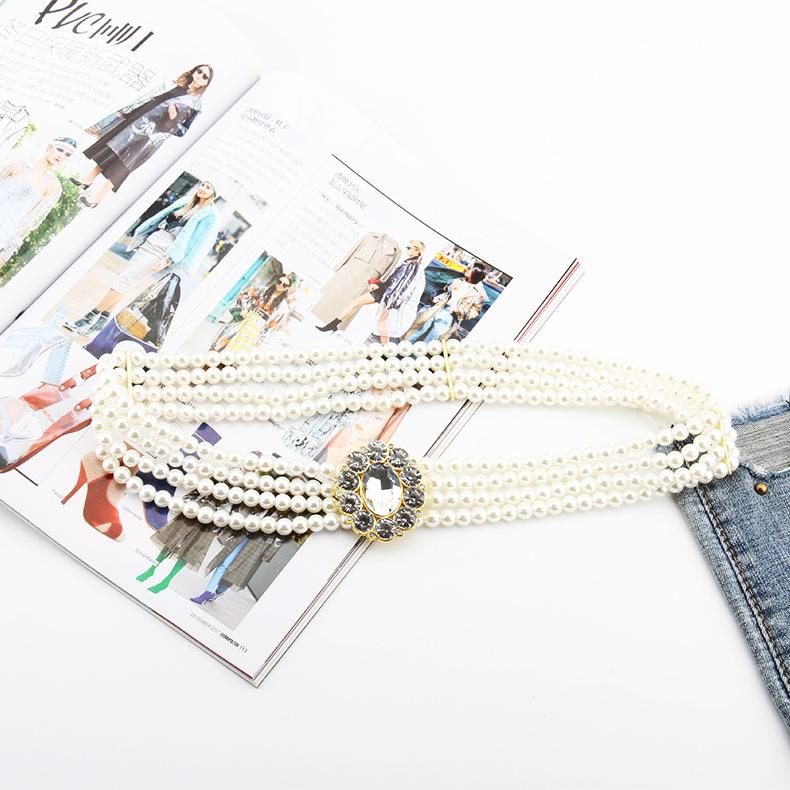 Ladies Dress Embellished With Four Rows Of High-Quality Pearl Elastic Elastic Flash Diamond Belt Waist Chain