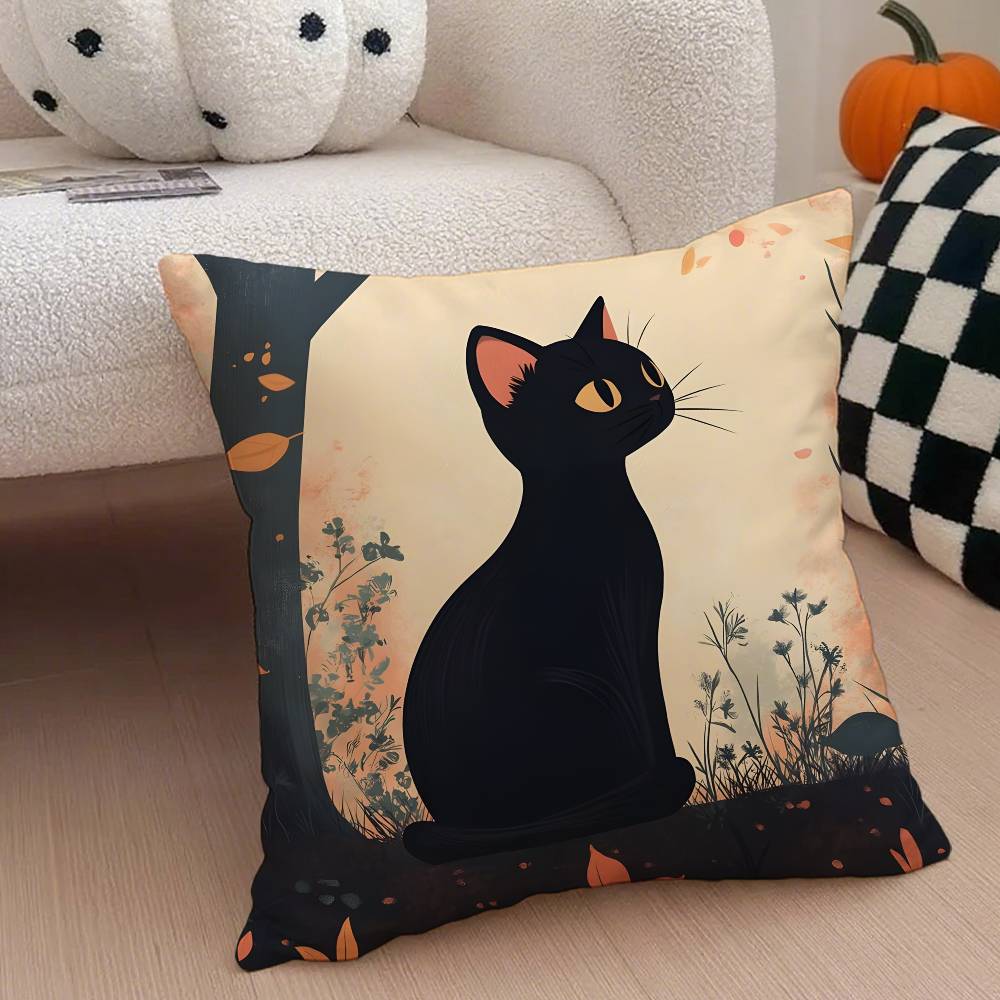 Cute Cartoon Little Black Cat Pillow Case Anti-dustmite Pillowcase Invisible Zipper Silky Short Plush Sofa Cushion Cover