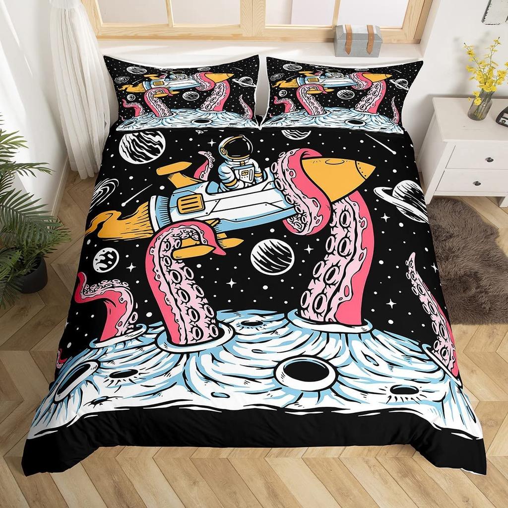 Cartoon Astronaut Duvet Cover Set Moon Clouds Starry Sky Quilt Cover Microfiber Galaxy Bedding Set Twin King For Boys Girls Gift
