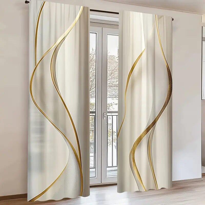 2pcs -Golden S-shaped Lines Print Curtains, Pole Bag Curtains, Home Decoration, Room Decoration