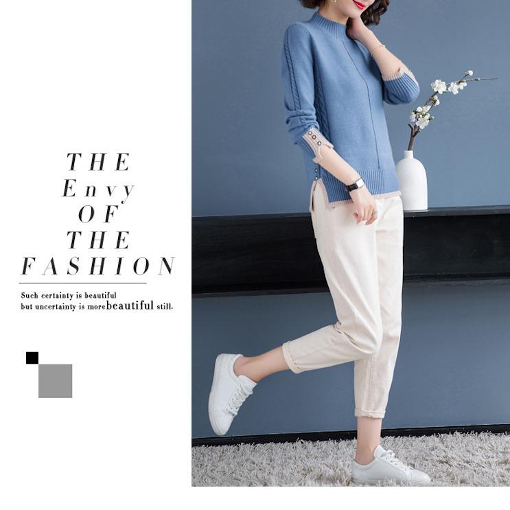 Fall/Winter Women's Semi-Turtleneck Sweater Thickened Loose Pullover Knitwear Split Stretch Knit Jumper