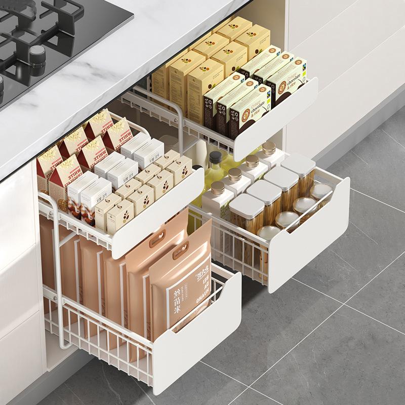 Under Sink 2 Layer Storage Racks Sliding Seasoning Bottle Holder Shelves Kitchen Pull-Out Type Dish Countertop Cabinet Organizer