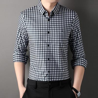 Cămașă pentru bărbați cu mânecă lungă cu rever, toamnă nouă, carouri, vârstă mijlocie, elastică fără cusături, top casual la modă