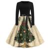 Women's Vintage V-Neck Christmas Print Casual Dress for Holiday Party