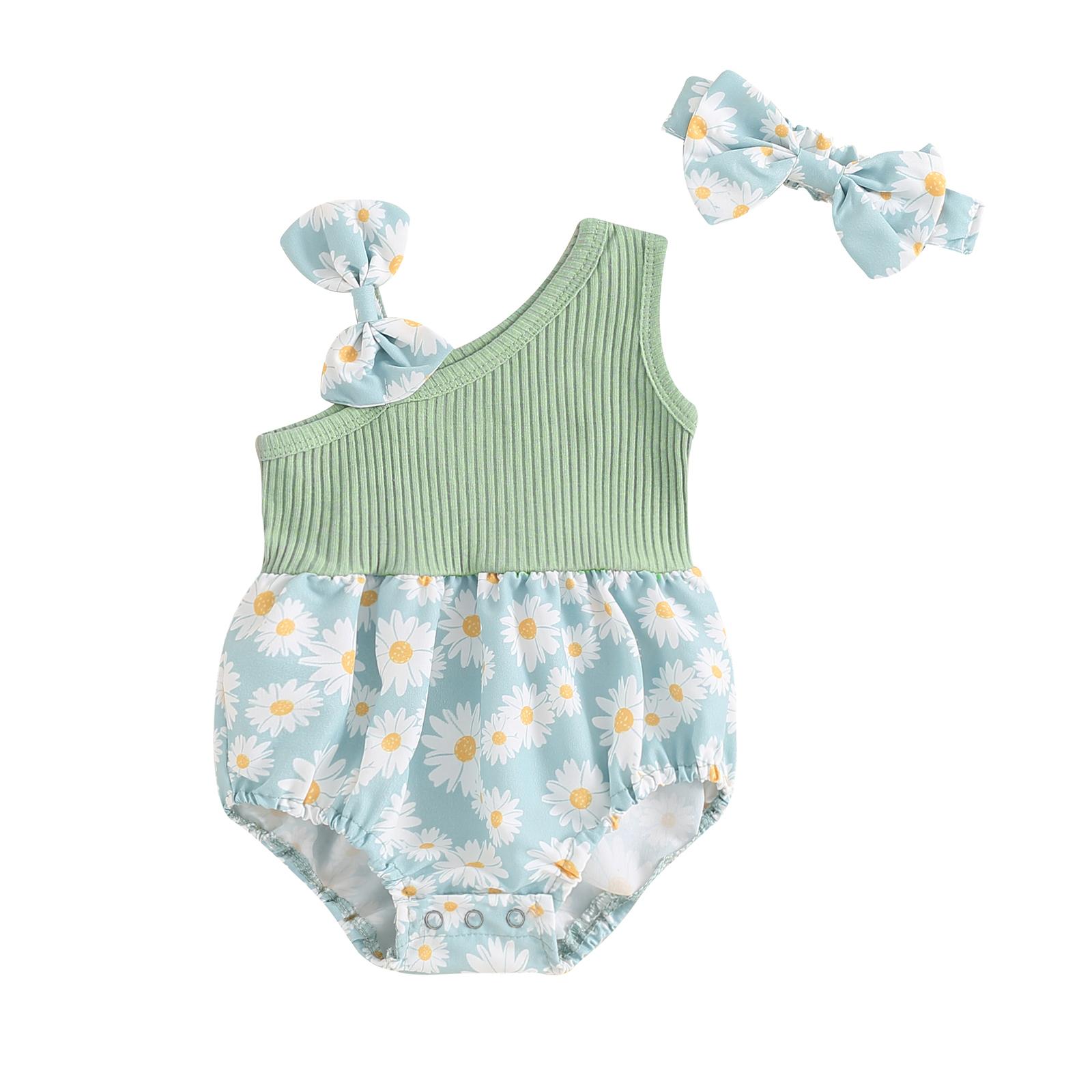 

Летний комбинезон для девочки с цветочным принтом, без рукавов, комбинезон и повязка на голову, симпатичная модная одежда, наряды 12-18 Months зелёный
