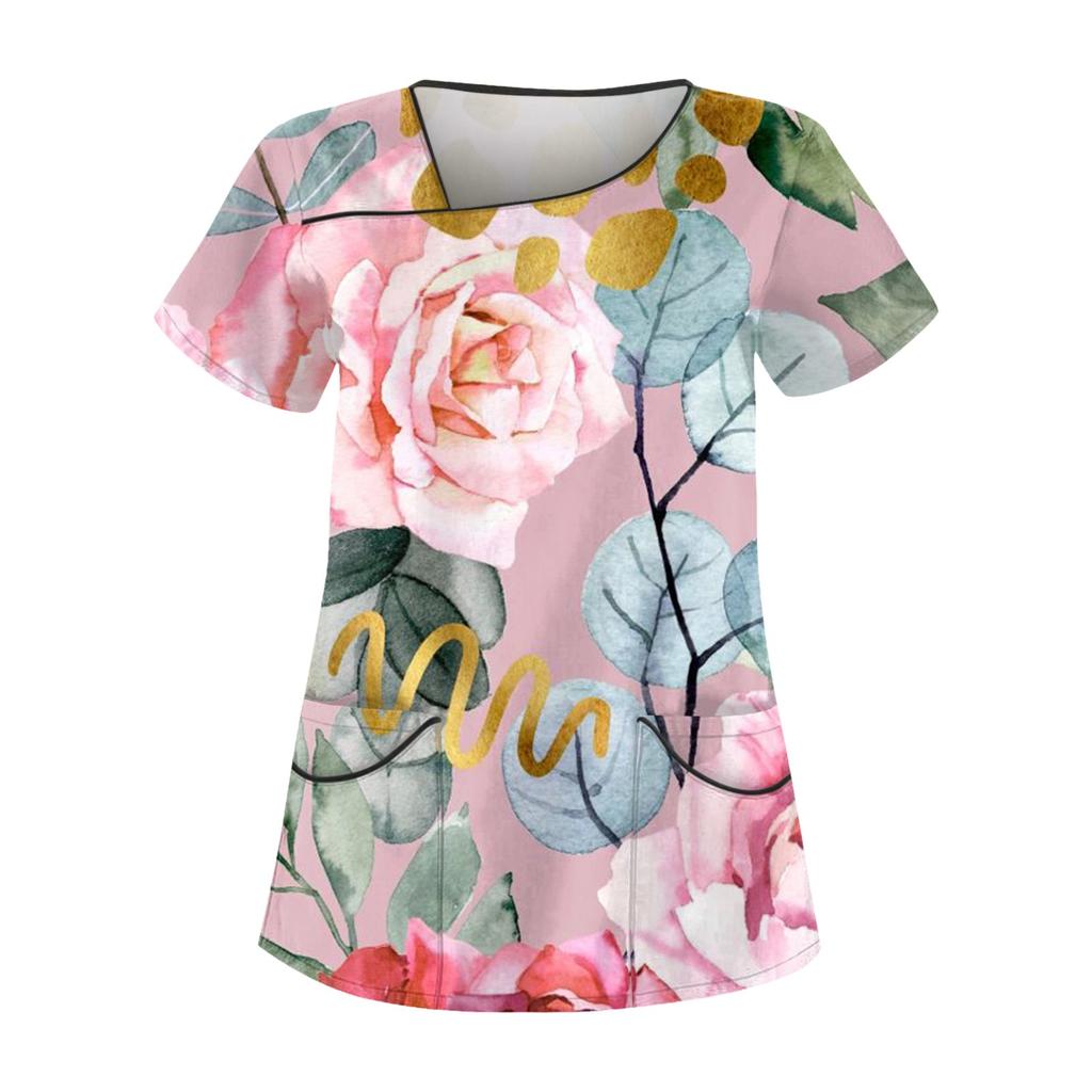 Women's Casual Printed Short Sleeve Workwear With Double Pocket Top