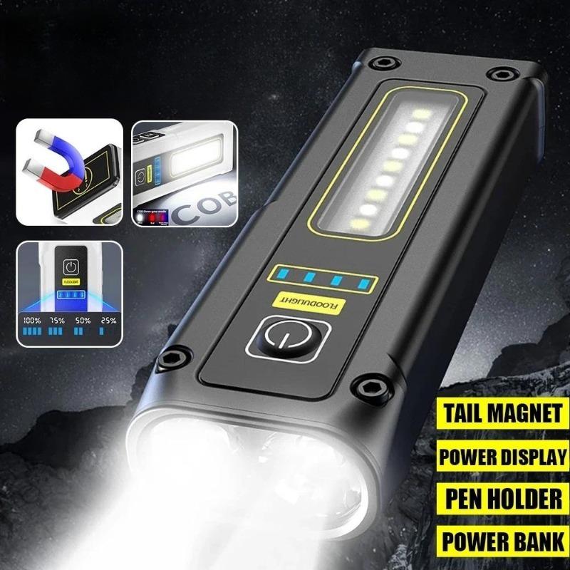 Portable Mini LED Flashlight, Type-C USB Rechargeable Torch with Built-in Strong Magnet, Waterproof Work Light for Outdoor Camping Fishing Emergency