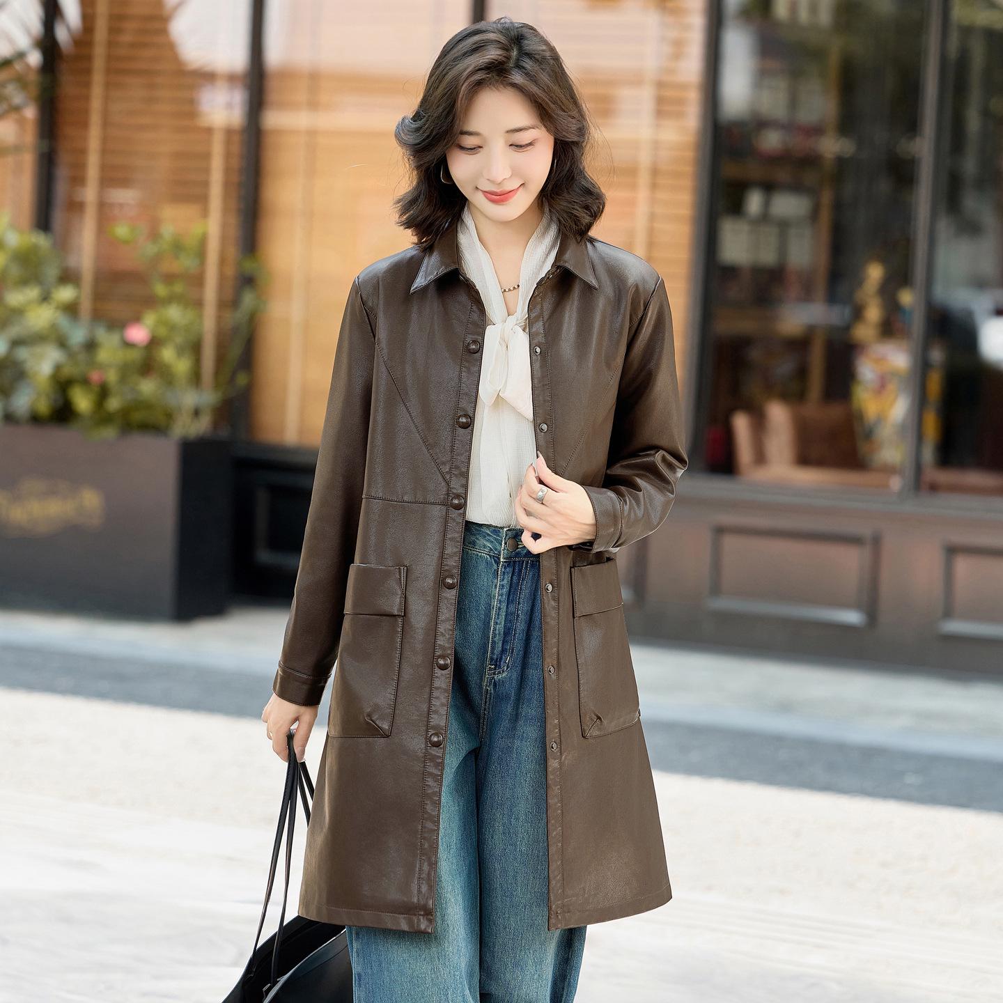 

Women s Mid-Length Sheepskin Leather Trench Coat - 2025 Autumn Collection Medium